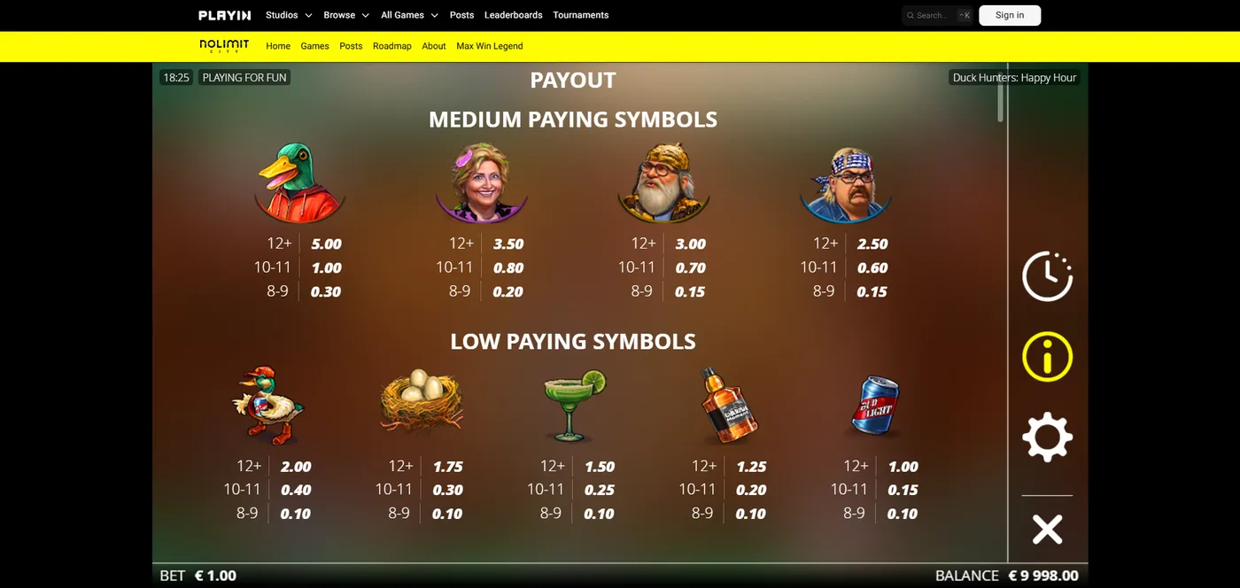 Duck Hunters: Happy Hour duck slot paytable with symbol payouts by Nolimit City