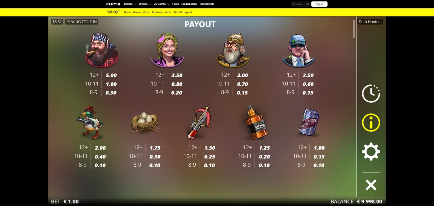 Duck Hunters duck slot paytable with symbol payouts by Nolimit City