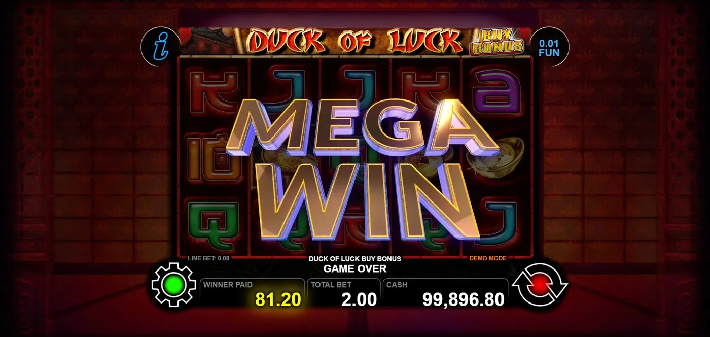 Duck of Luck duck slot mega win screen by CT Interactive