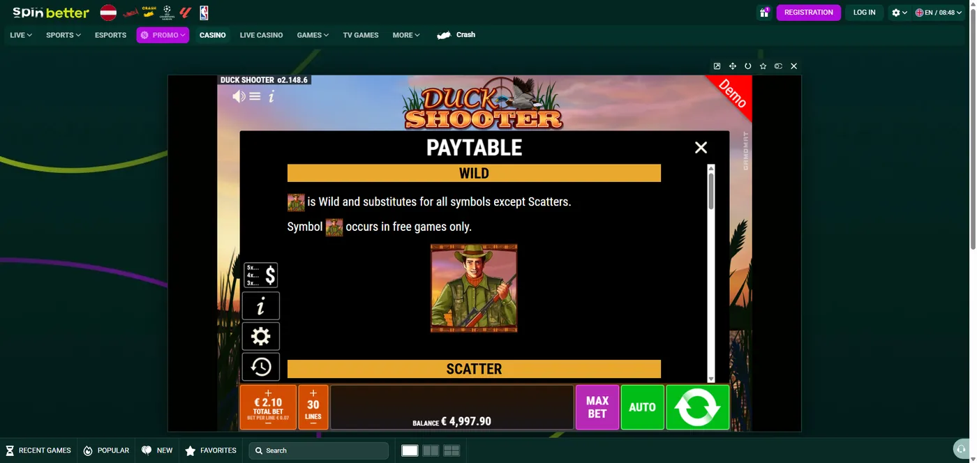 Duck Shooter duck slot paytable with symbol payouts, part 1 by Gamomat