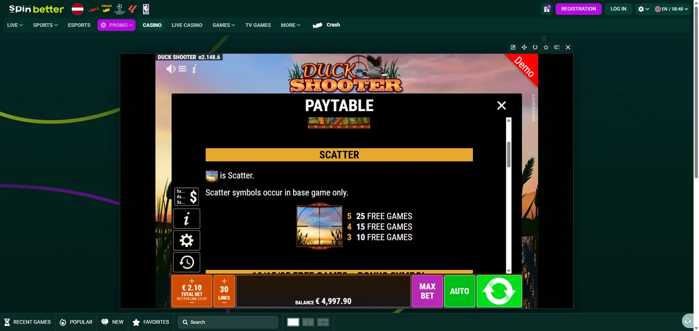 Duck Shooter duck slot paytable with symbol payouts, part 2 by Gamomat