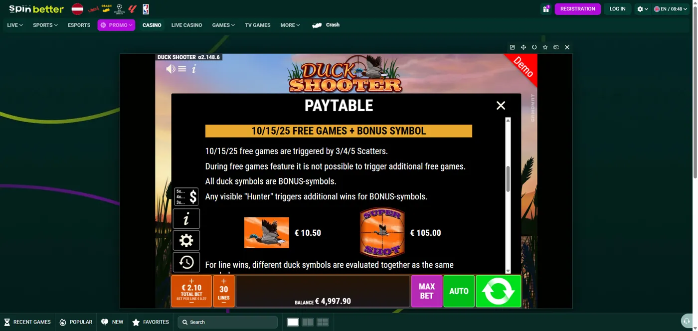 Duck Shooter duck slot paytable with symbol payouts, part 3 by Gamomat