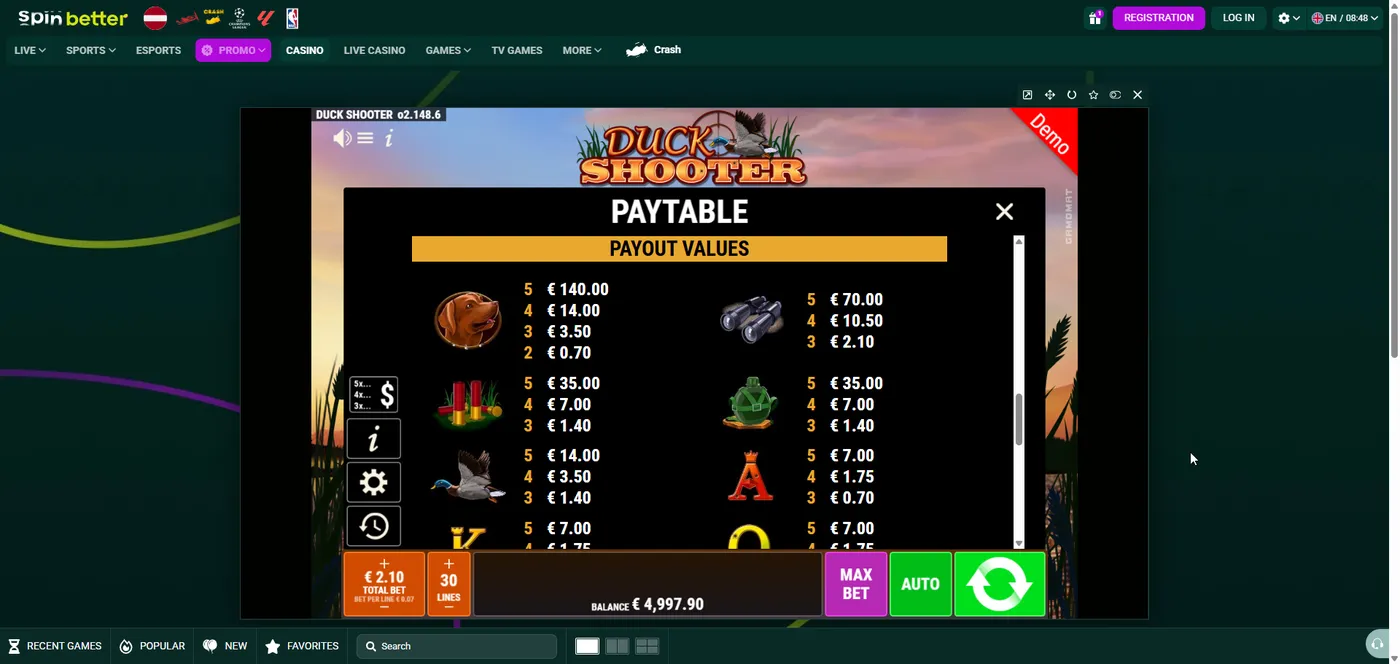 Duck Shooter duck slot paytable with symbol payouts, part 4 by Gamomat