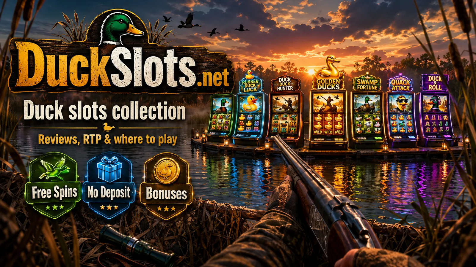 Duck-themed slot machines by the lake at sunset — DuckSlots.net collection art