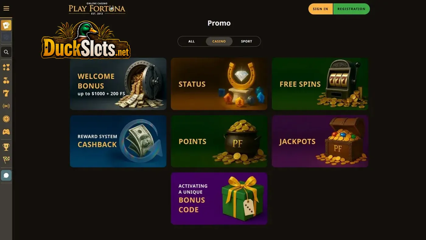 PlayFortuna casino bonus and free spins page