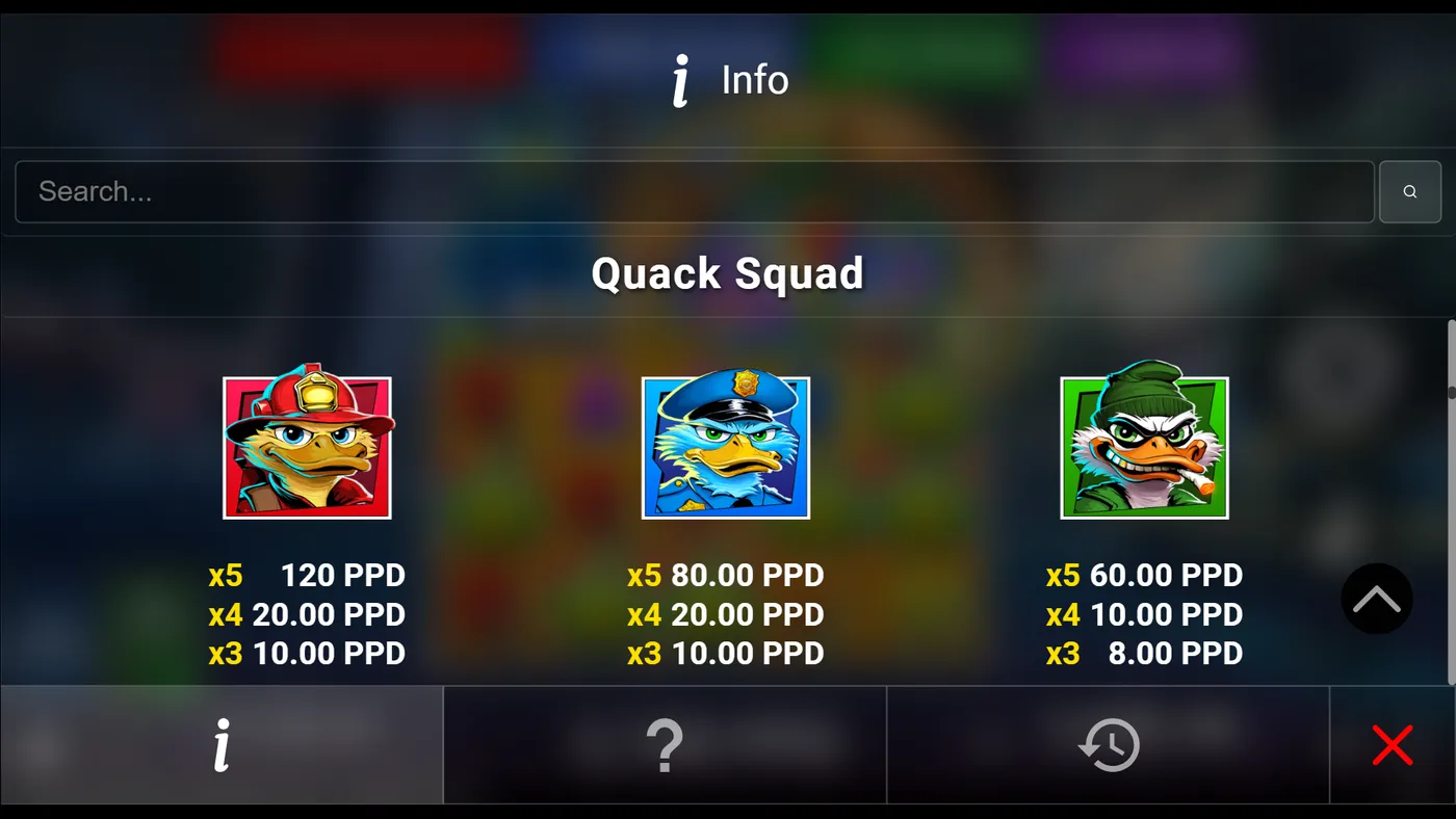 Quack Squad duck slot paytable with symbol payouts by Pateplay