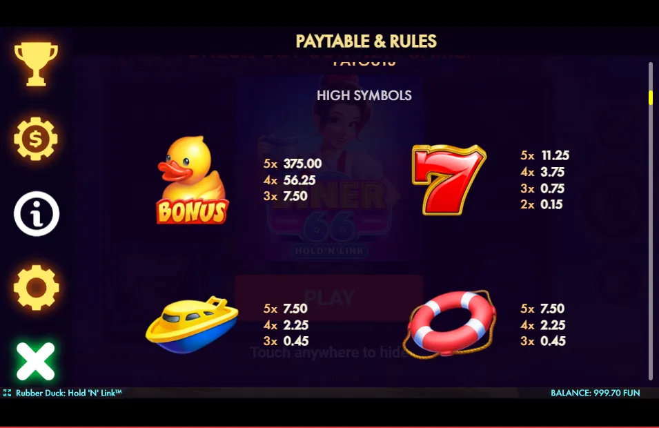 Rubber Duck Hold'n'Link duck slot paytable with symbol payouts by NetGame