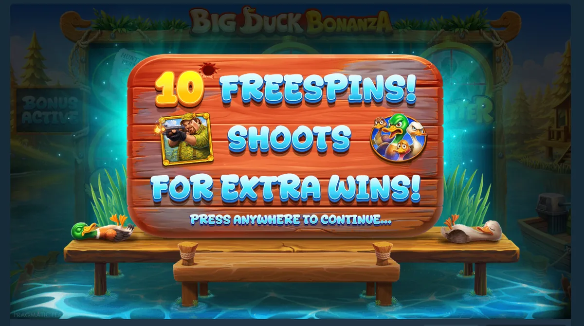 Big Duck Bonanza — sunt acordate 10 rotiri gratuite, vânătorul împușcă rațe cu bani pentru câștiguri suplimentare