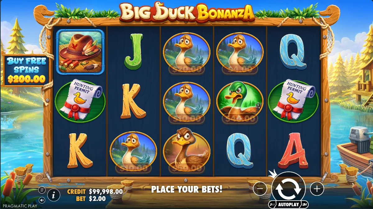 Jocul de bază din Big Duck Bonanza, cu rațe cu bani pe role și butonul de 200 $ pentru cumpărarea de Rotiri Gratuite