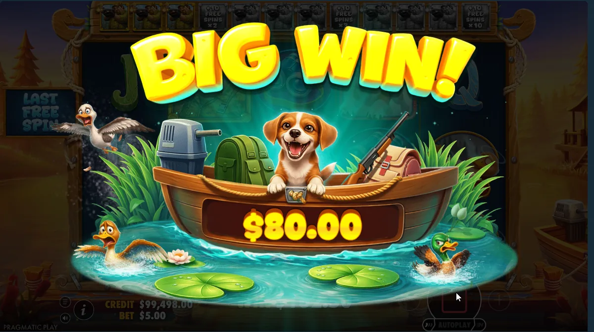 Ecranul Big Win din Big Duck Bonanza — 80 $ pe ultima rotire gratuită, la o miză de 5 $