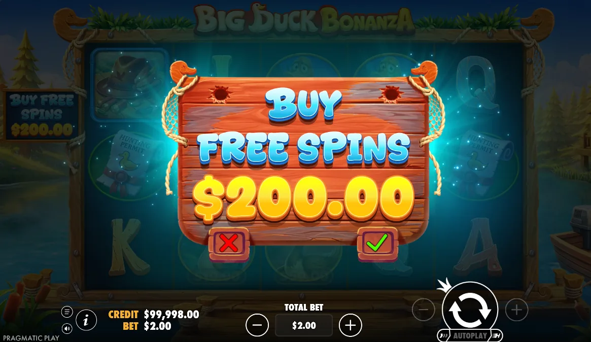 Confirmarea cumpărării de Rotiri Gratuite din Big Duck Bonanza — 100× miza, 200 $ la o miză de 2 $