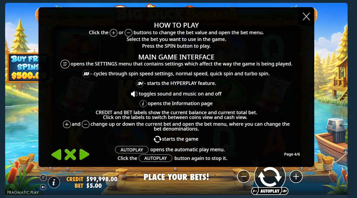 Ecranul de instrucțiuni din Big Duck Bonanza — viteze de rotire, Hyperplay, meniul de pariuri și autoplay