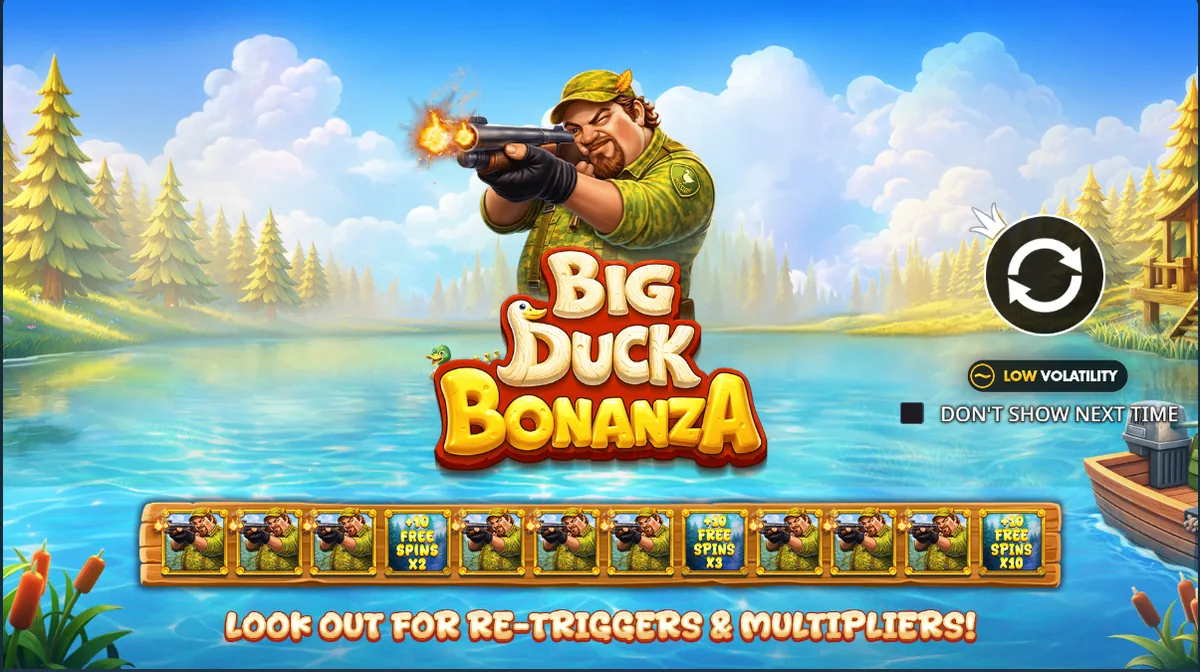 Ecranul de start al păcănelei Big Duck Bonanza — volatilitate scăzută, re-declanșări și multiplicatori (Pragmatic Play, exclusivitate Stake)