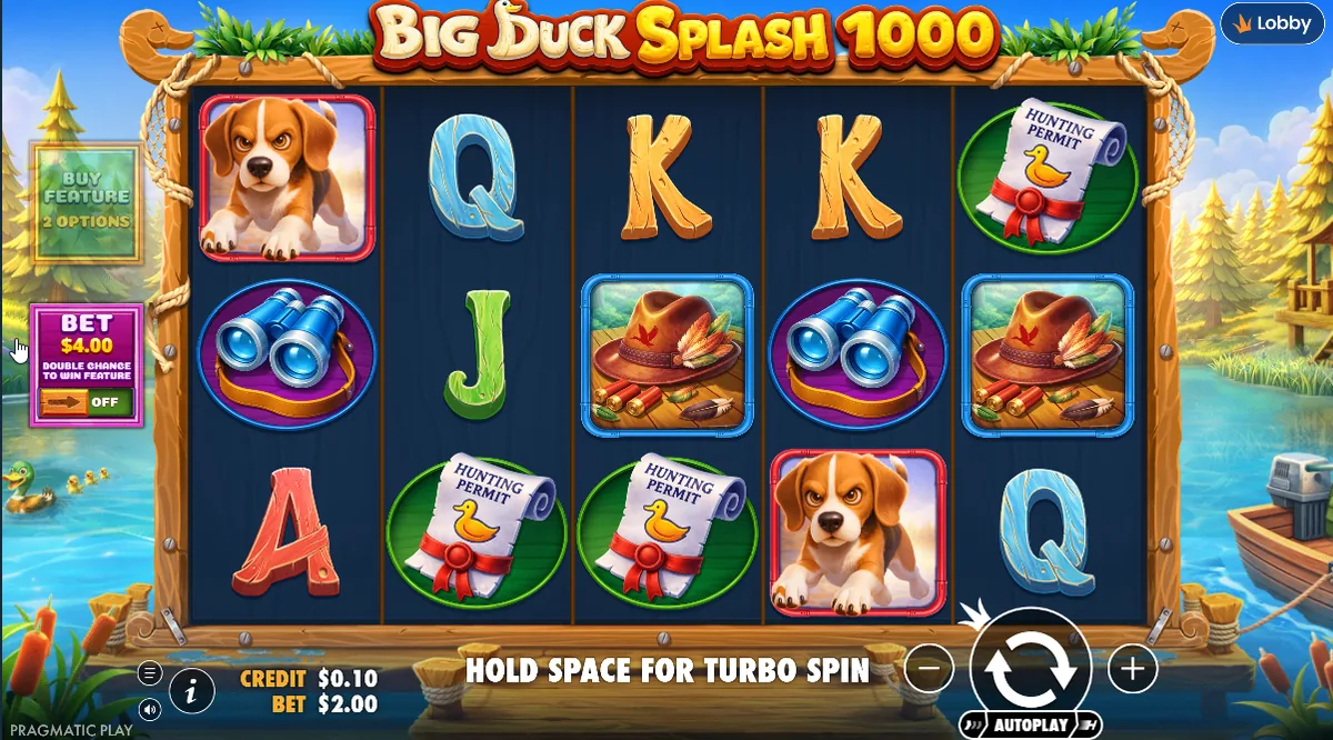 Základní hra Big Duck Splash 1000: válce 5×3, Buy Feature a přepínač Double Chance pro ante bet