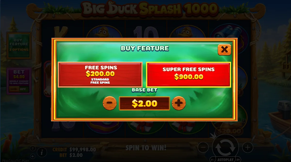 Nabídka Buy Feature v Big Duck Splash 1000: standardní Free Spiny za 200 $ nebo Super Free Spiny za 900 $ při základní sázce 2 $