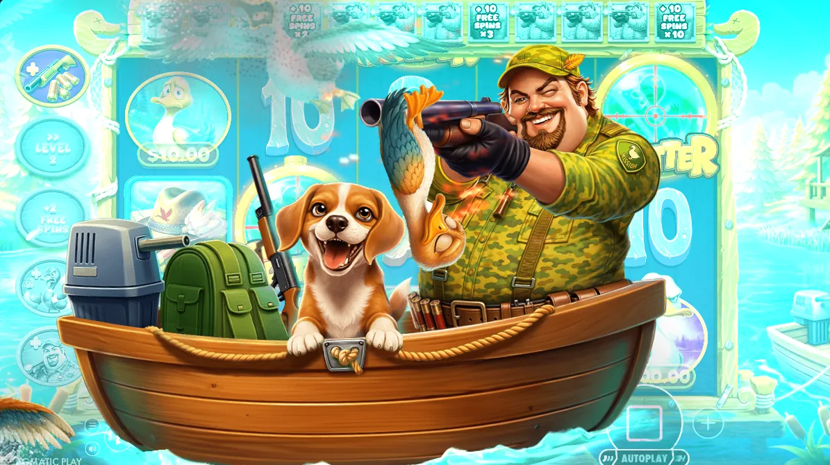 Úvodní animace free spinů Big Duck Splash 1000 — lovec a jeho bígl na loďce