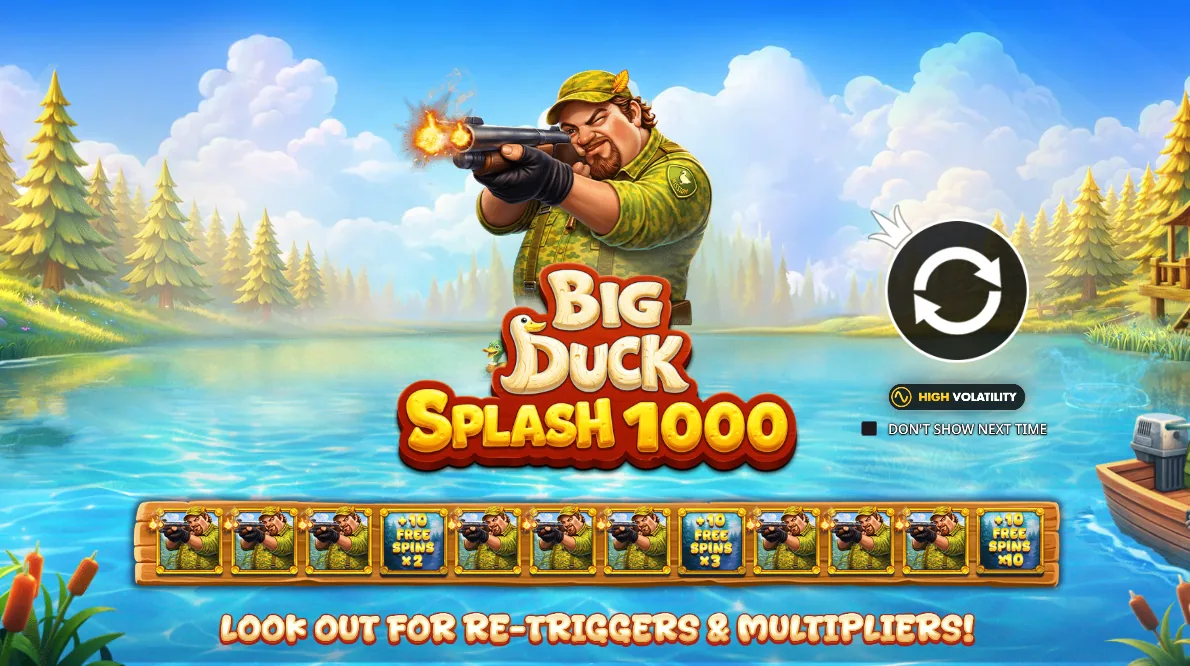 Ecranul de start al păcănelei Big Duck Splash 1000 — volatilitate ridicată, re-declanșări și multiplicatori (Pragmatic Play, exclusivitate Stake)