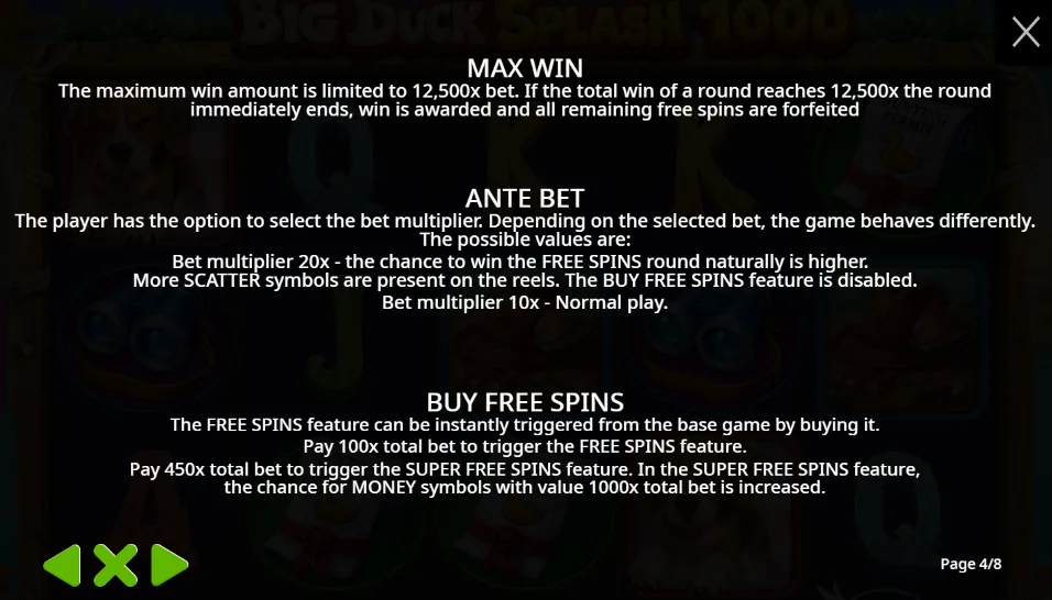 Pravidla Big Duck Splash 1000: maximální výhra 12 500×, ante bet 20×, koupě Free Spinů za 100× a Super Free Spinů za 450×