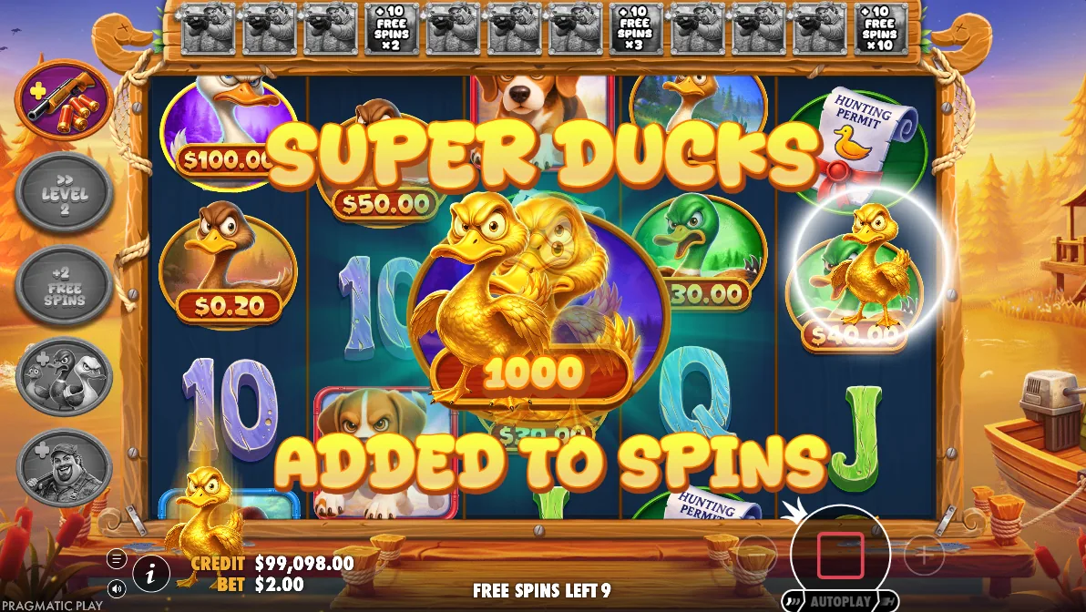 Big Duck Splash 1000 Super Free Spiny: zlaté Super kachny za 1000× přidané na válce, zbývá 9 spinů