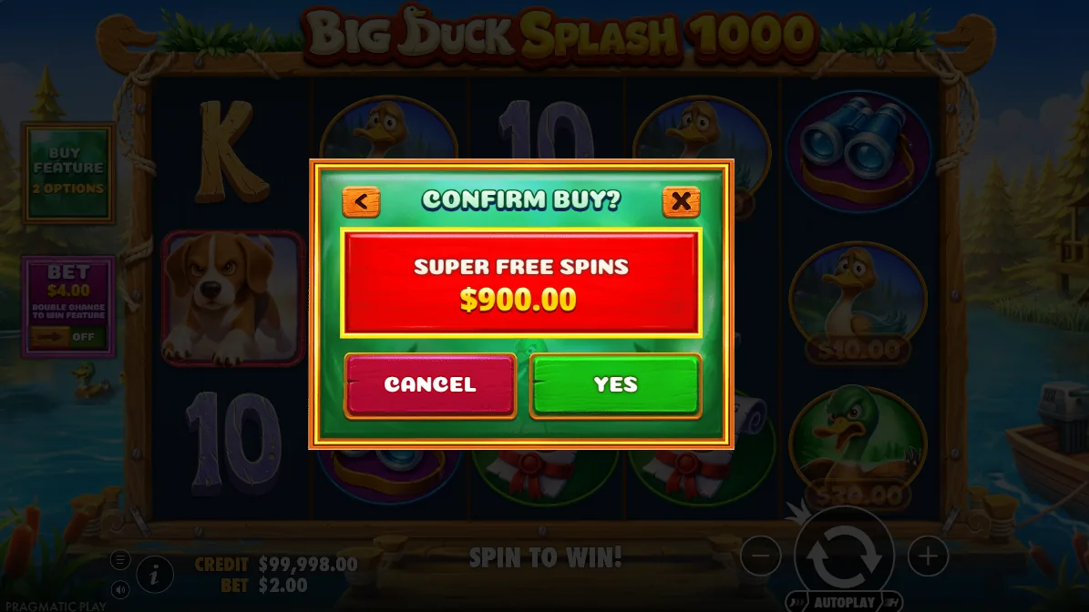 Big Duck Splash 1000 — potvrzení koupě Super Free Spinů za 900 $ (450× sázky)