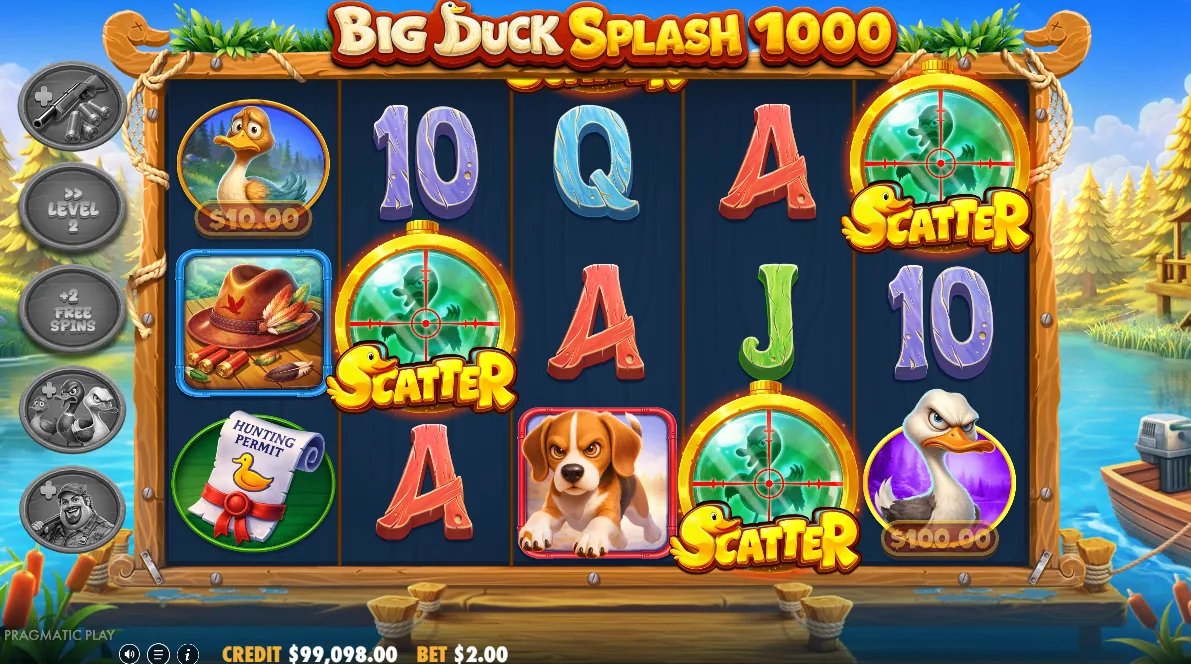 Big Duck Splash 1000: dopadly tři scattery a spustily free spiny, peněžní kachny ukazují hodnoty 10 $ a 100 $