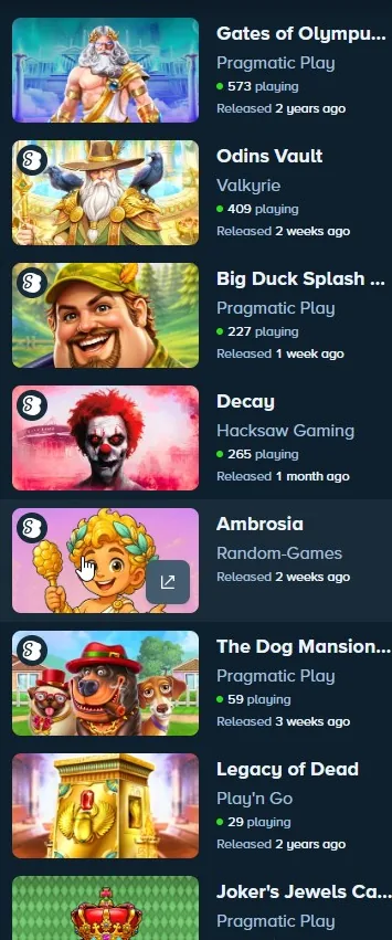 Panoul Games For You de la cazinoul Stake, arătând Big Duck Splash 1000 lansat cu o săptămână mai devreme, cu 227 de jucători online